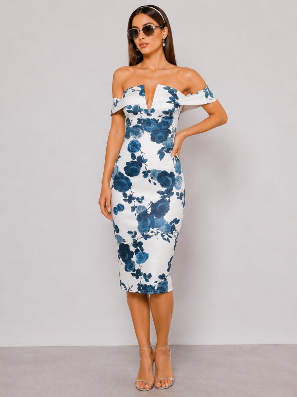 White Blue Floral Off Shoulder Midi Dress Bodycon Scuba NWT